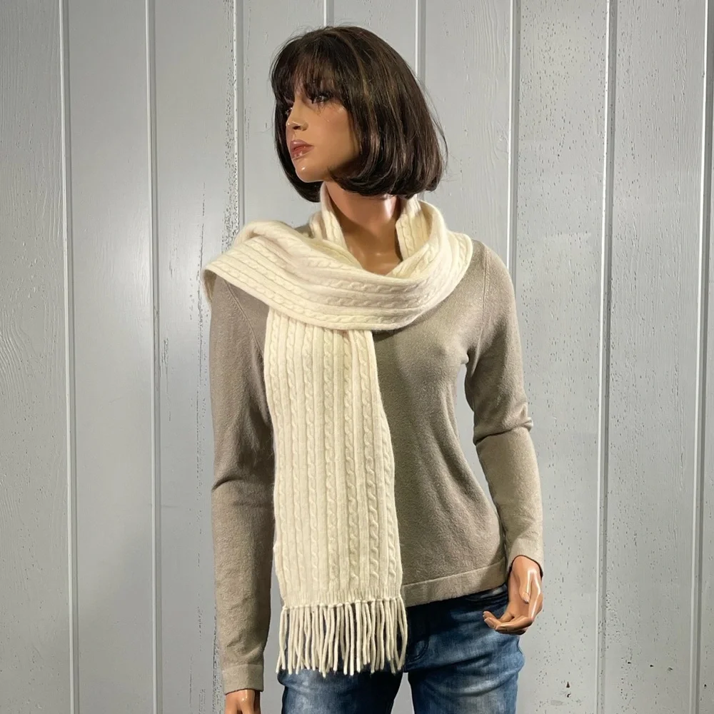 *Casual Corner Women's Cream Cable Knit Scarf with Fringes